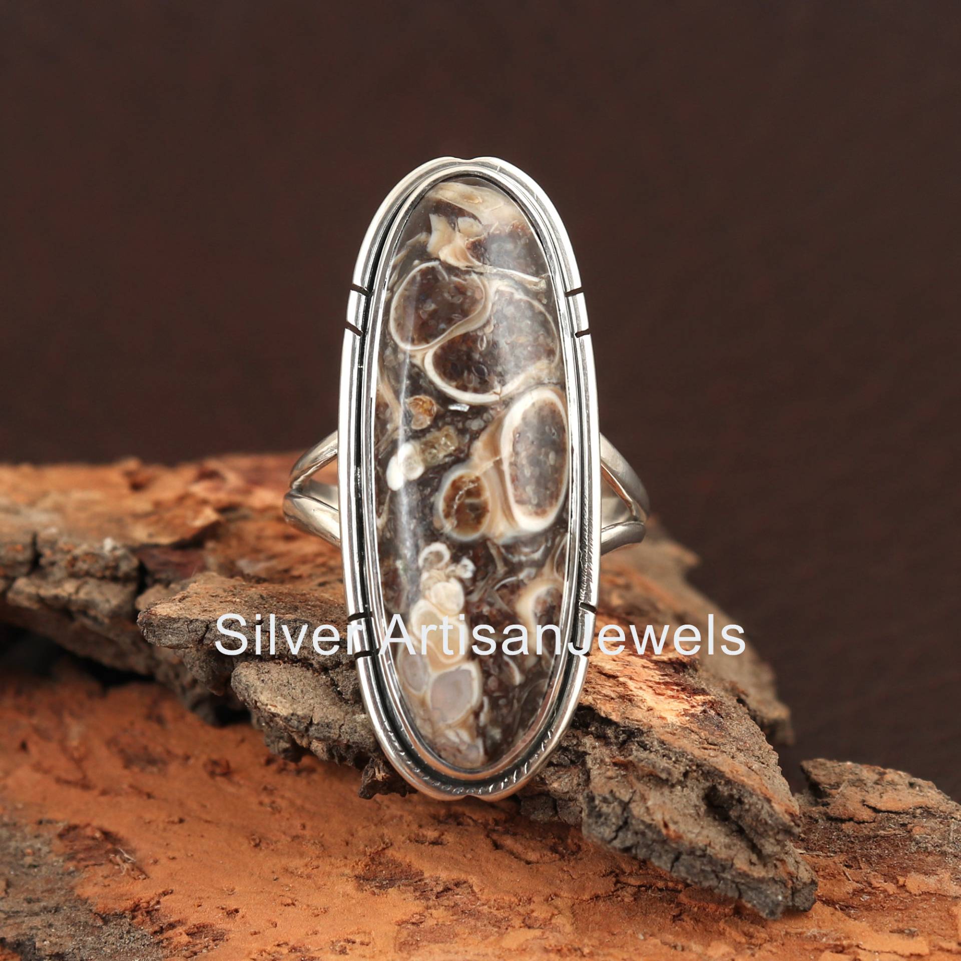 Langer Oval Ring, Turritella Stein 925 Silber Achat 10x30 Mm Ehering, Antiker Geschenk Ring von SilverArtisanJewels