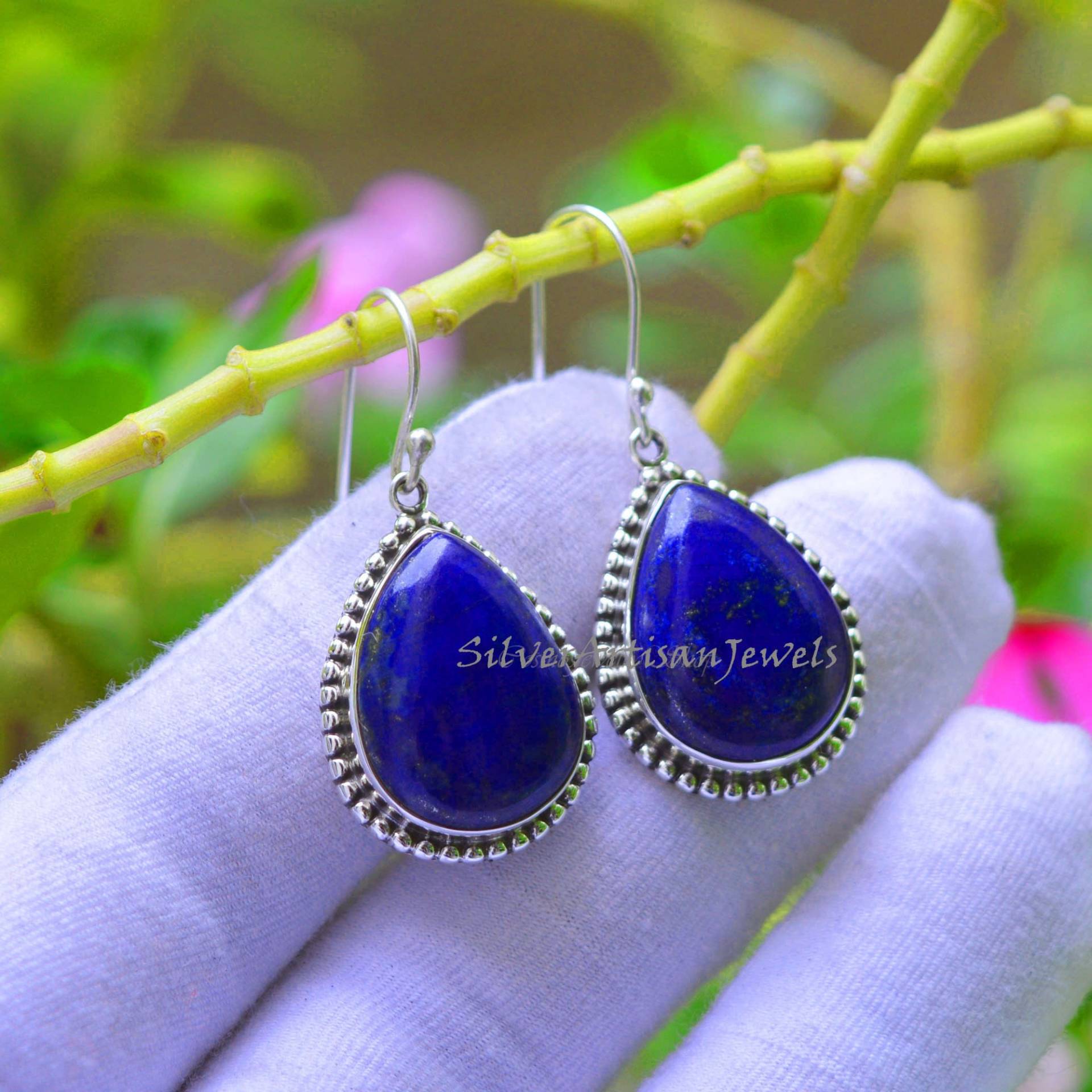 Natürliche Birne Lapis Lazuli Ohrringe, 925 Silber Schmuck, Ohrring, Handwerker Frauen Hochzeit Ohrring von SilverArtisanJewels