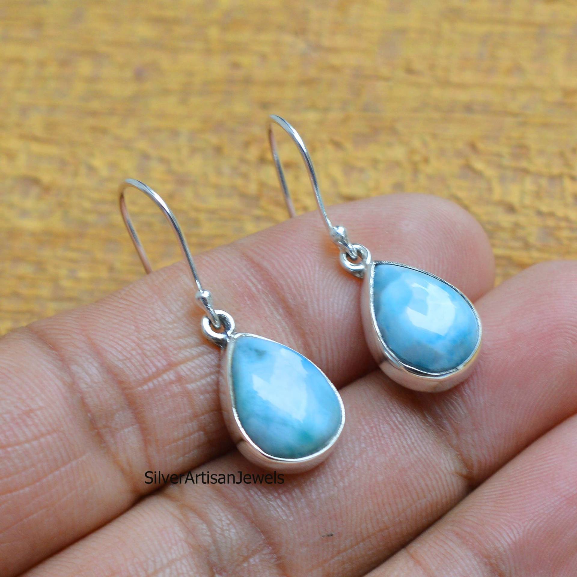 Natürliche Larimar Ohrringe, Birne Ohrring, 925 Sterling Silber Blauer Frauen Handgemacht, Boho Hippi Ohrring von SilverArtisanJewels