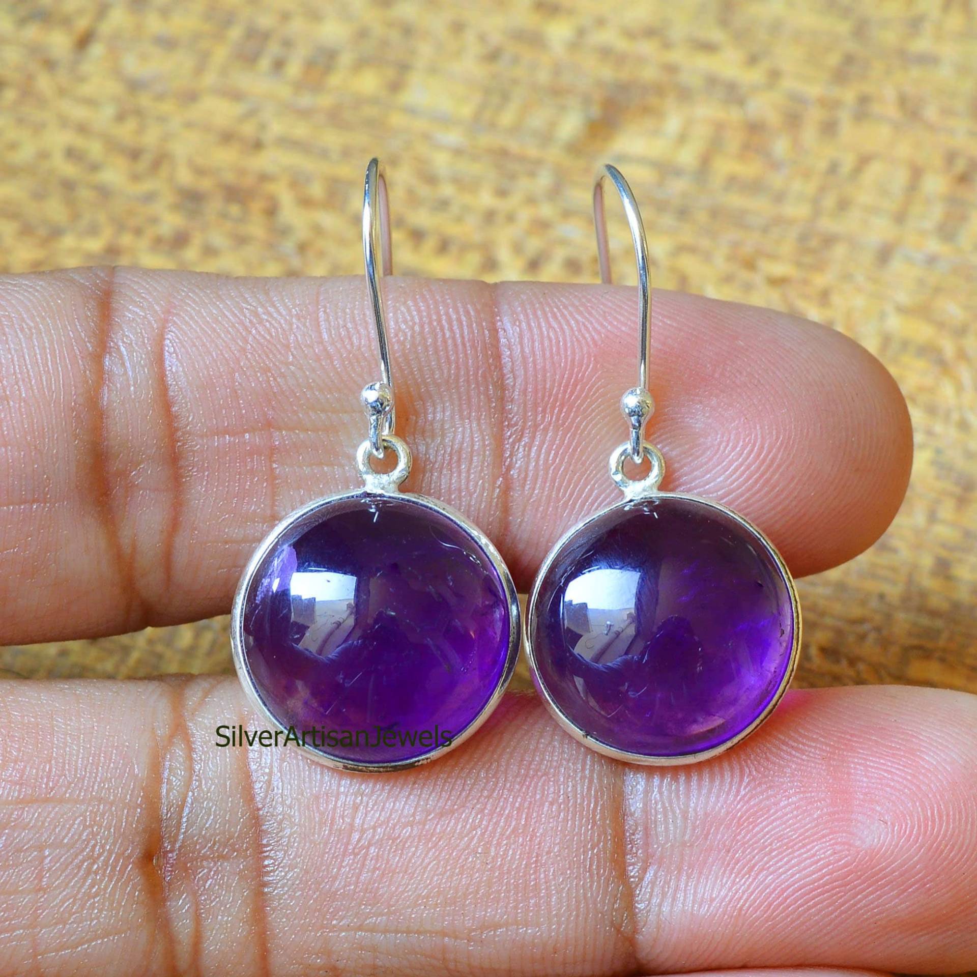 Natürliche Lila Amethyst Ohrringe, Einzigartige Runde Stein Ohrring, 925 Sterling Silber Frauen Handgemacht, Geburtstagsgeschenk von SilverArtisanJewels