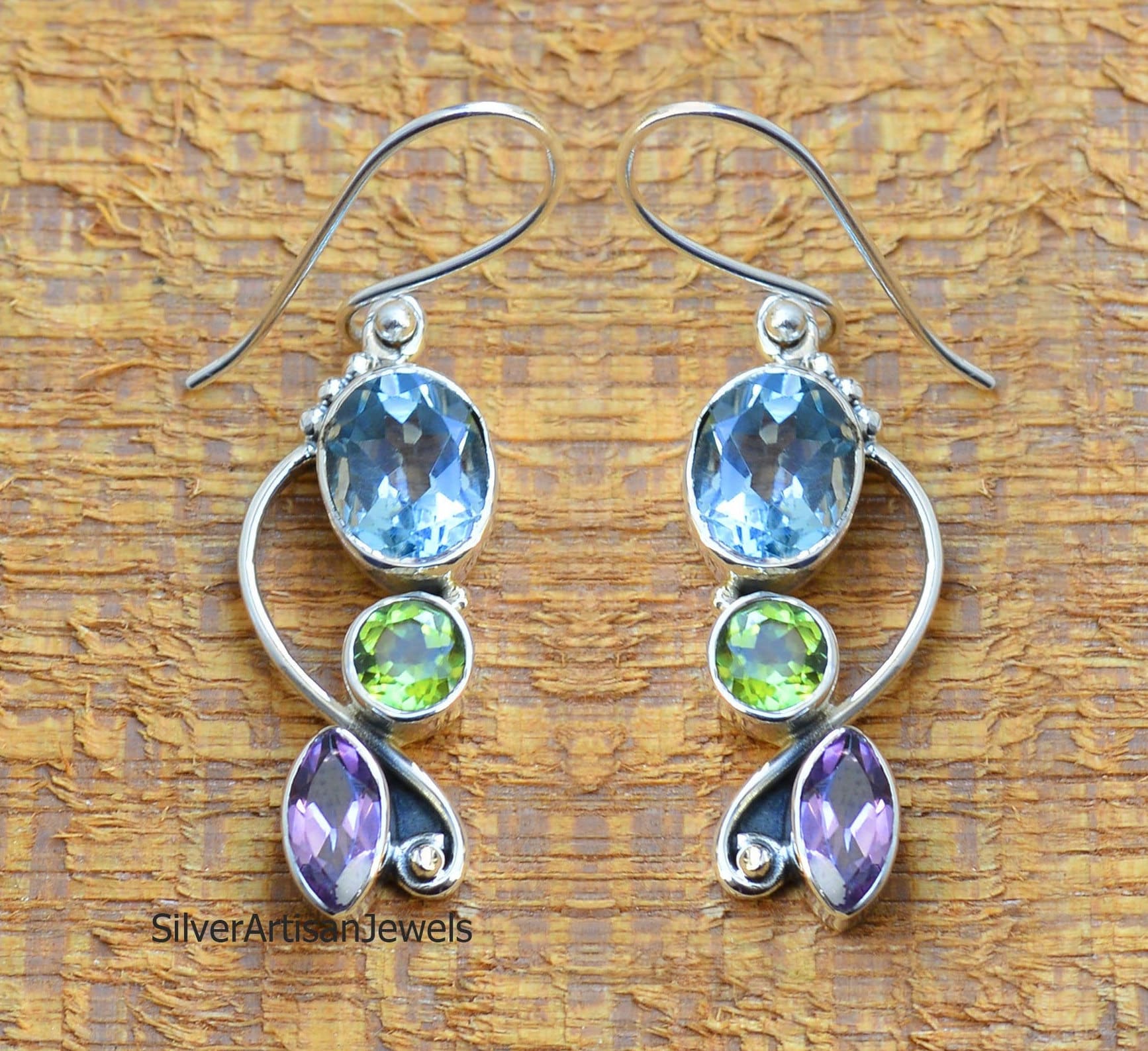 Natürliche Mischung Stein Ohrringe, Topas Ohrring, 925 Sterling Silber Amethyst Frauen Handgemacht, Boho Hippi Ohrring von SilverArtisanJewels