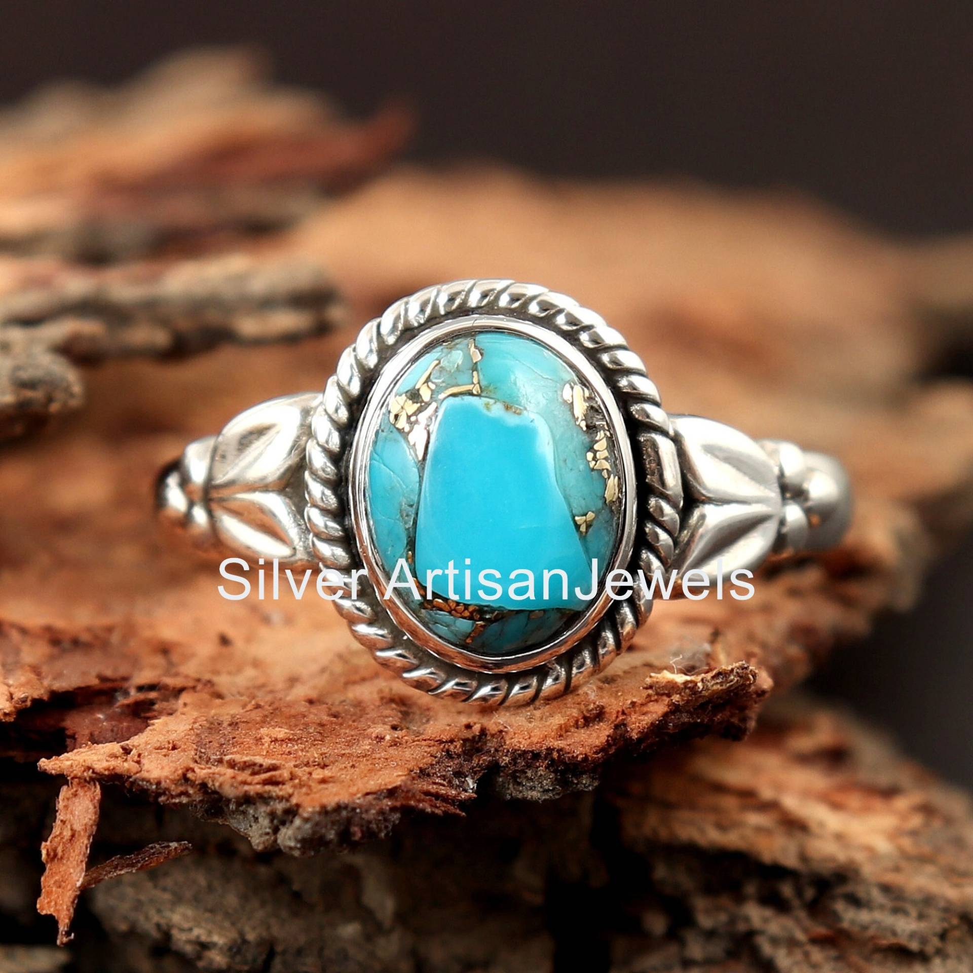 Natürlicher Blauer Kupfer Türkis Ring, 925 Silber Handgemachter Ovaler Edelstein Frauen Oxidierter Ring von SilverArtisanJewels