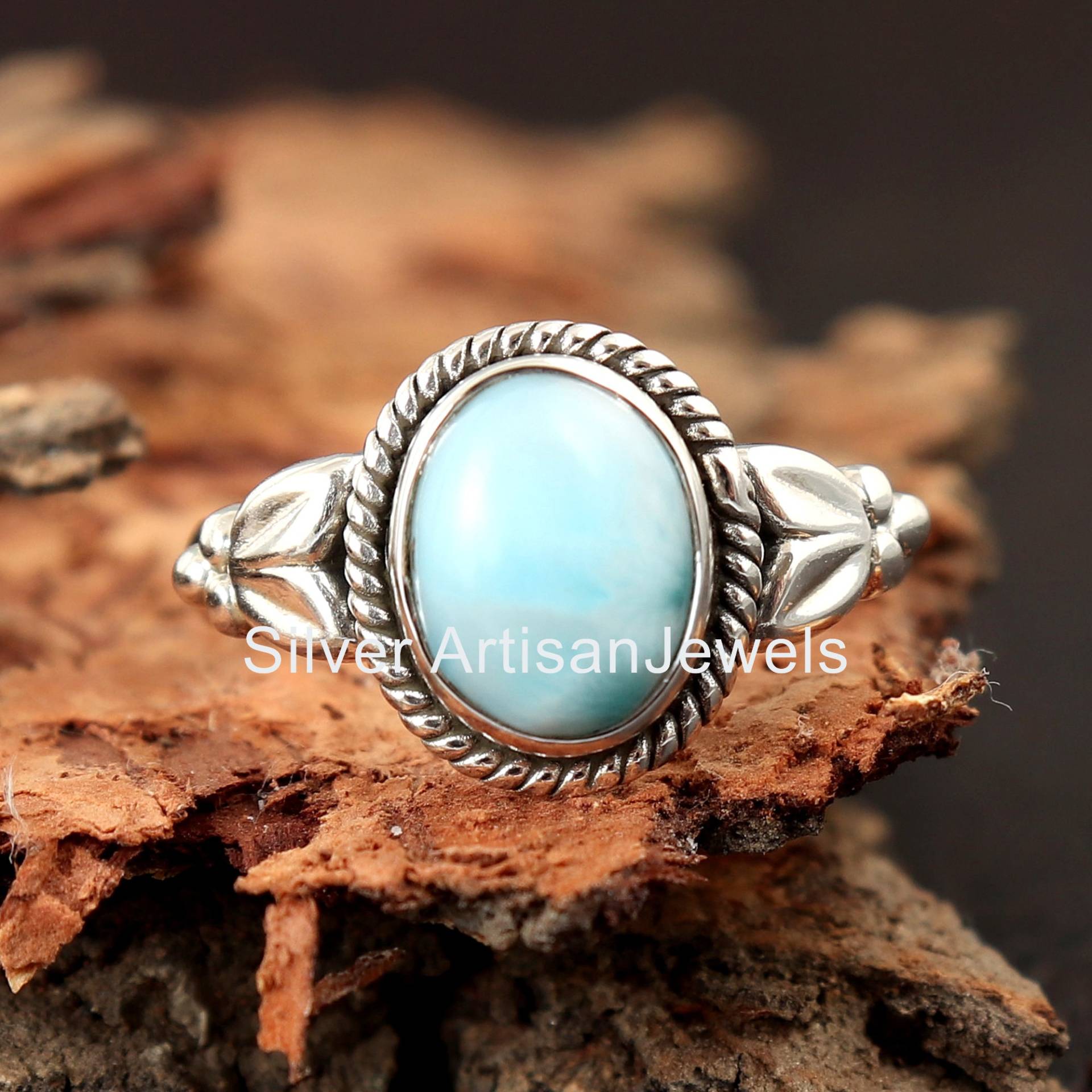 Natürlicher Larimar Ring, Sterling Silber Ringe Für Frauen, Oval Cabochon Edelstein, Zierlicher Vintage, Brautring, Jahrestagsgeschenk von SilverArtisanJewels