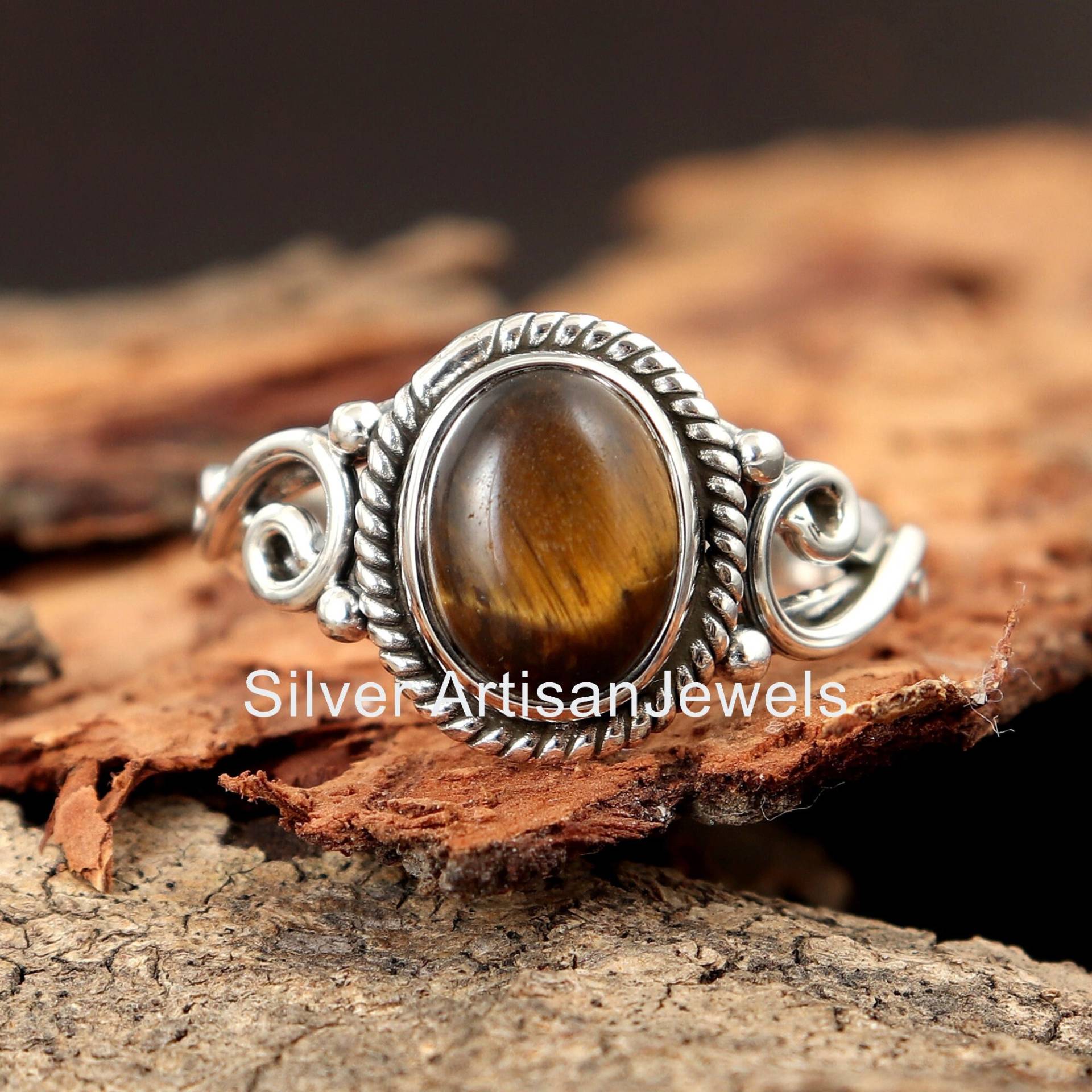 Natürlicher Tigerauge Edelstein Silber Ring, 925 Sterling 7x9 Mm Oval Schmuck, Für Frauen, Versprechen Ring von SilverArtisanJewels