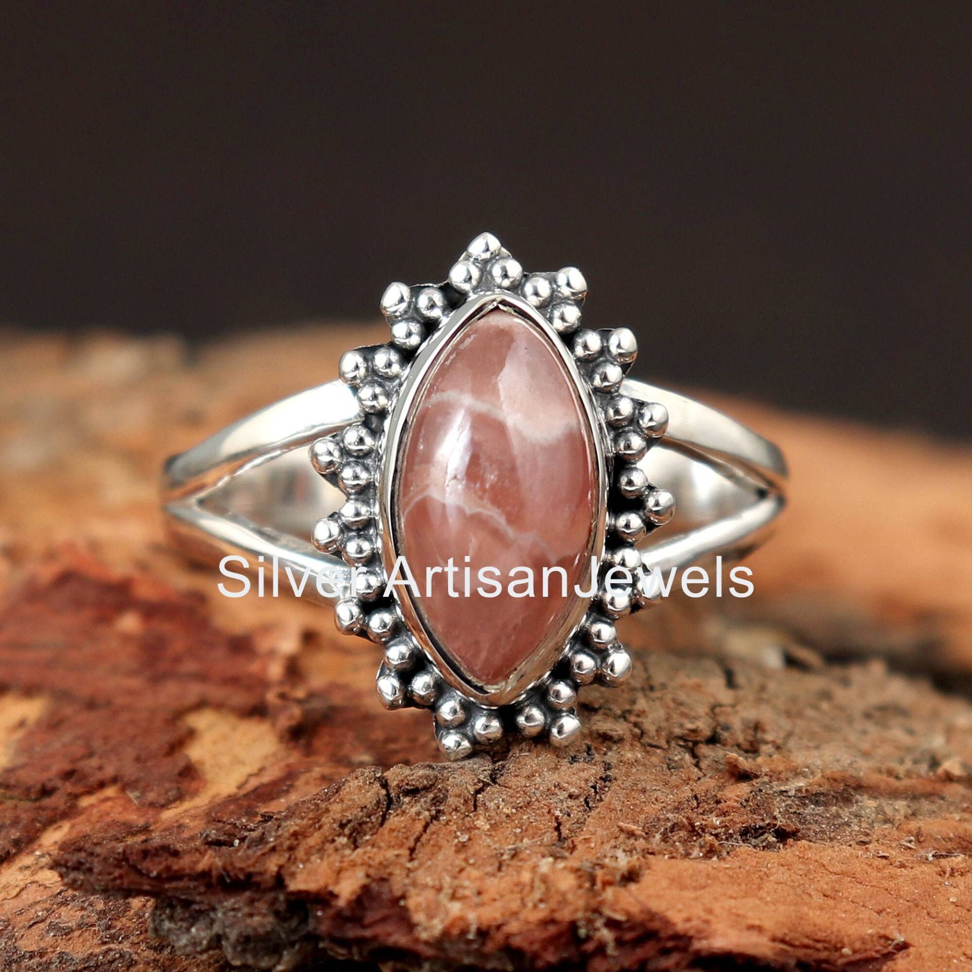 Rhodochrosit Ring, 925 Silber Ringe, 6x12 Mm Marquise Edelstein Sterling Geschenk Für Frau, Frauen Ringe von SilverArtisanJewels