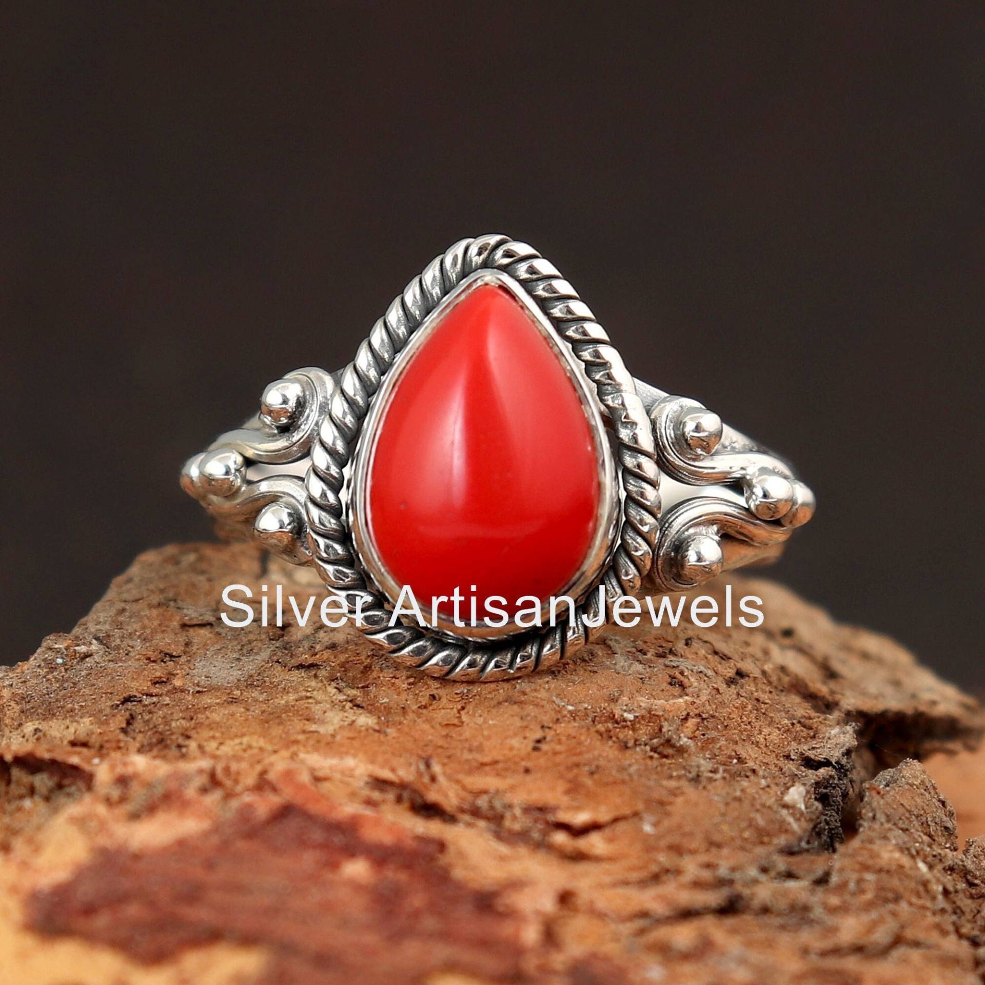 Rote Koralle Ring, Edelstein 925 Massiv Silber Schmuck, Designer Frauen Ringe, Handgemachter Statement Ring von SilverArtisanJewels