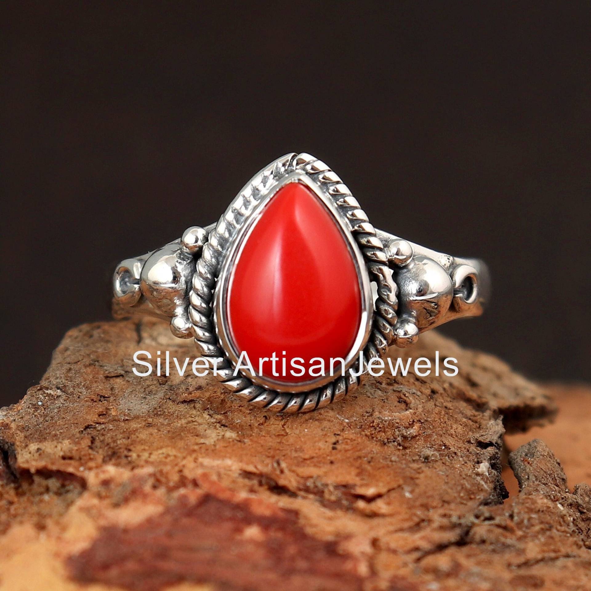 Rote Koralle Ring, Edelstein 925 Massiv Silber Schmuck, Frauen Ringe, Handgemachte Statement Ringe von SilverArtisanJewels