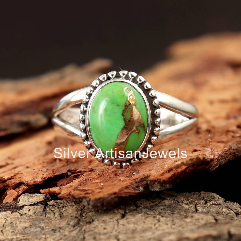 Seltener Grüner Türkis Ring, 925 Silber Ovaler Kupfer Handgemachter Frauen Jubiläum Ring von SilverArtisanJewels