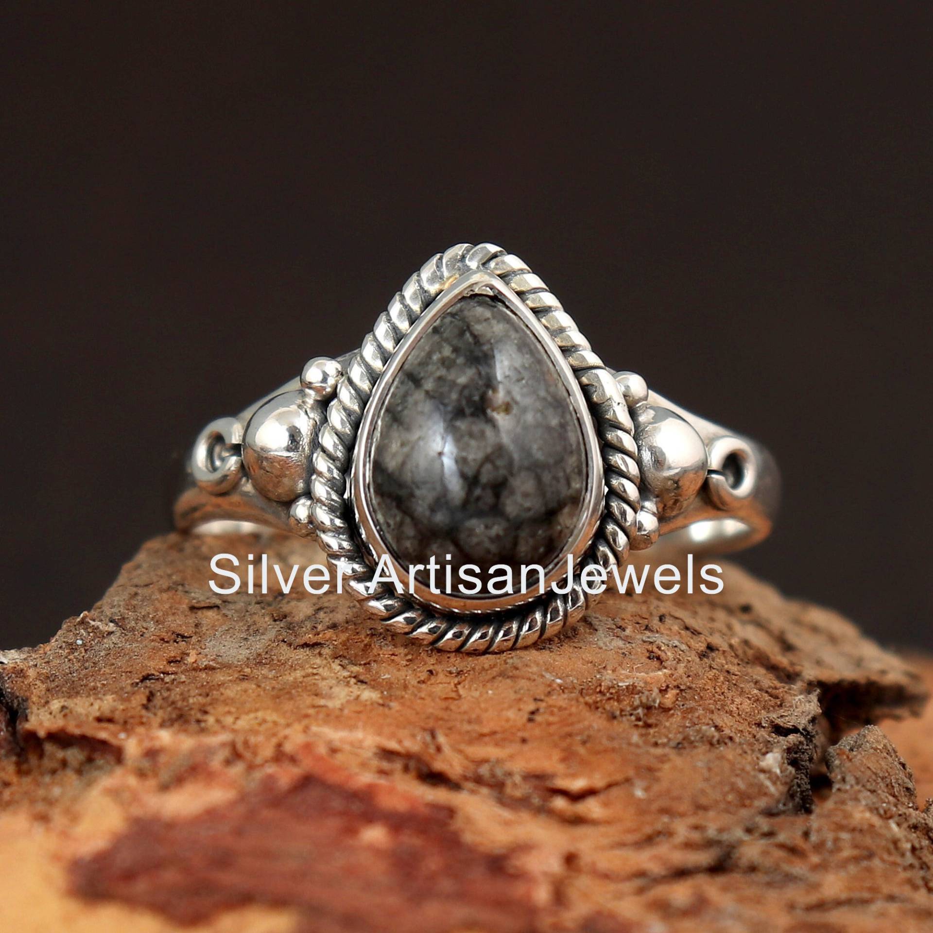 Stingray Fossil Koralle Ring, Silber Ring | 925 Sterling Silber Glatte Birne Edelstein Designer Handmade Frauen Schmuck Muttertagsgeschenk von SilverArtisanJewels