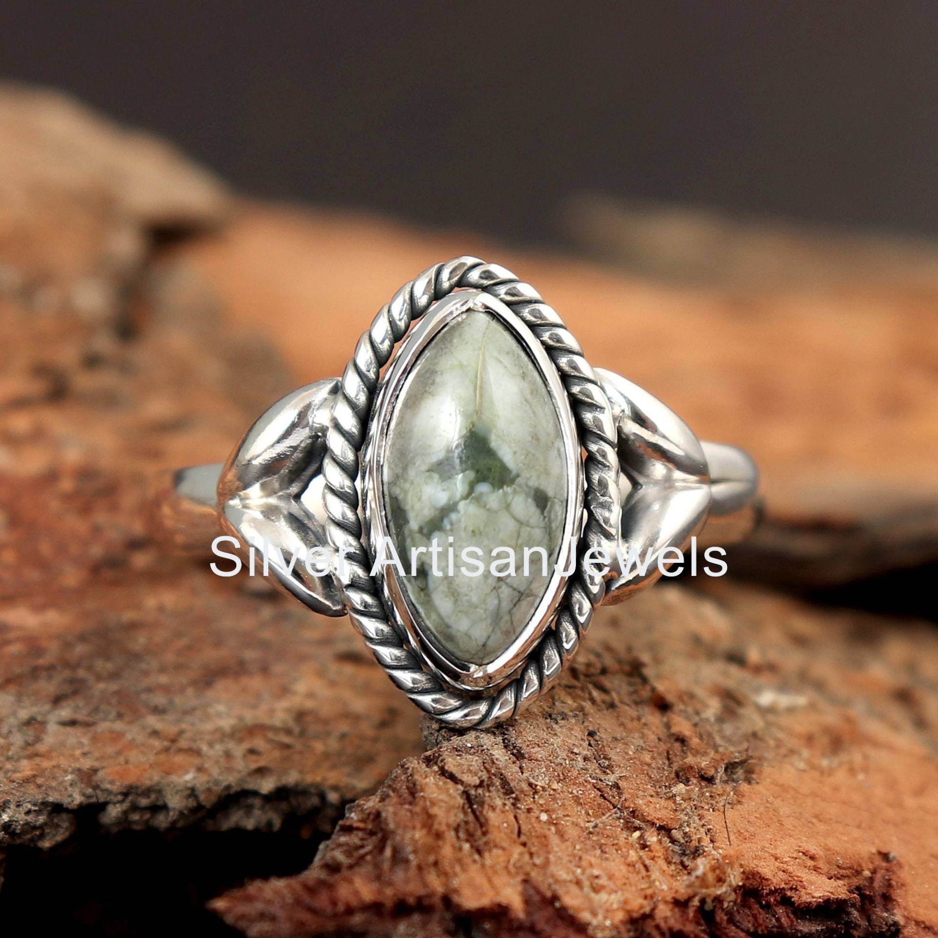 Top Regenwald Jaspis Ring, 925 Massiver Silber Maruise Edelstein Handgemachter Frauen Boho Schmuck von SilverArtisanJewels