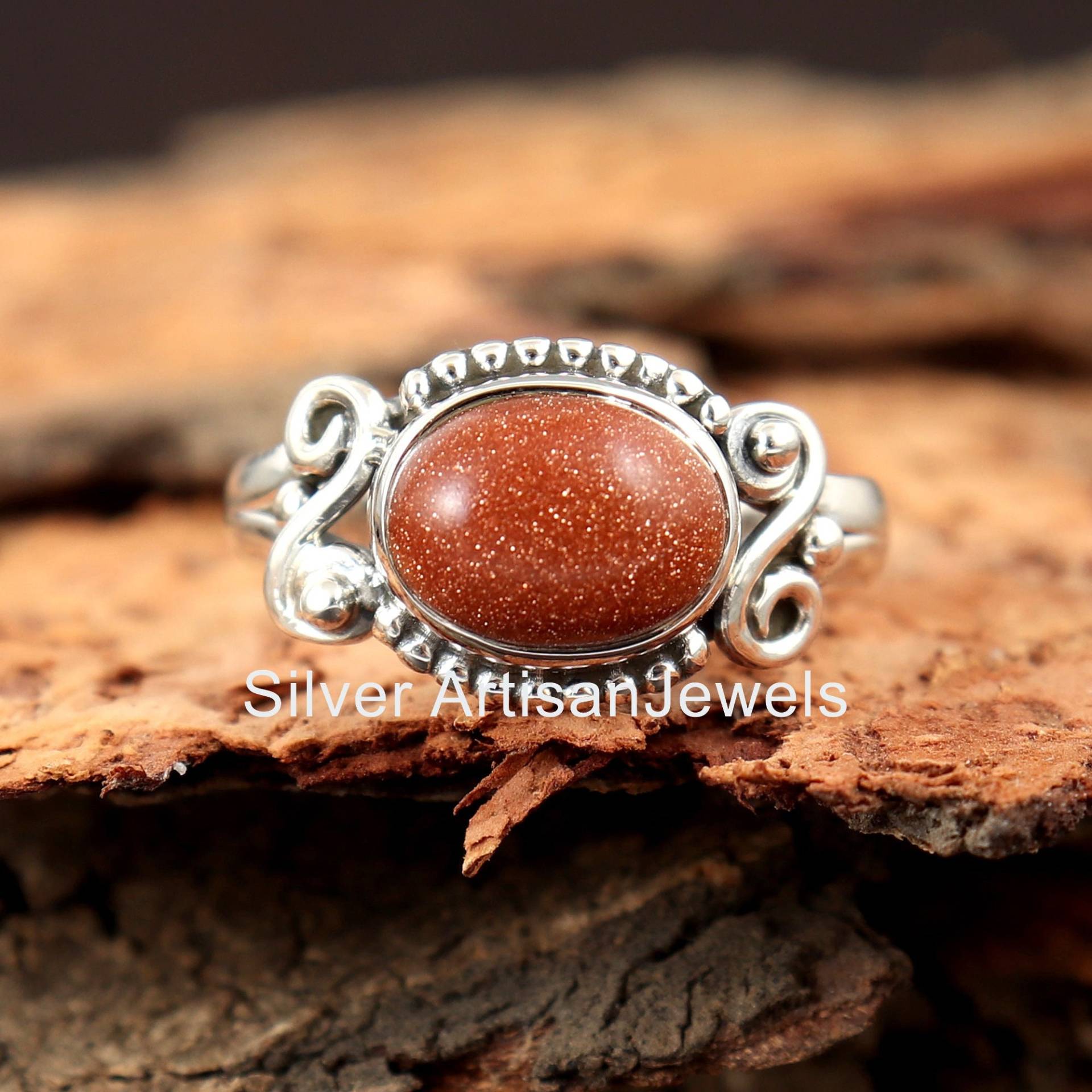 Zierlicher Ring, 925 Silber Natürlicher Sonnenstein 7x9 Mm Oval Edelstein Goldener Stein Sterling Geschenk Für Männer-Frauen von SilverArtisanJewels