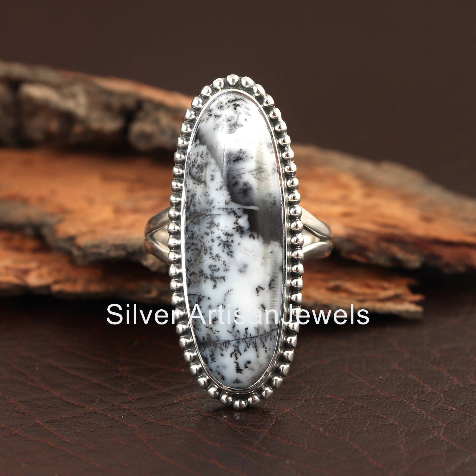 statement Ringe, Natürlicher Dendrit Opal Ring, Großer Edelstein 925 Silber Achat, 10x30 Mm Oval Form Frauen Ring von SilverArtisanJewels