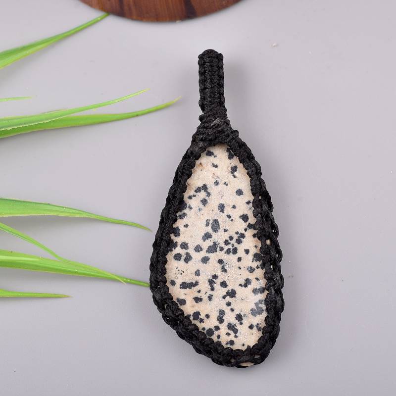 Dalmatiner Jaspis Makramee Anhänger Halskette Geschenke Für Sie, Handgemachte Edelstein Schmuck Idee, Schwarzer Faden Stein Boho von SilverArtisanJewelz