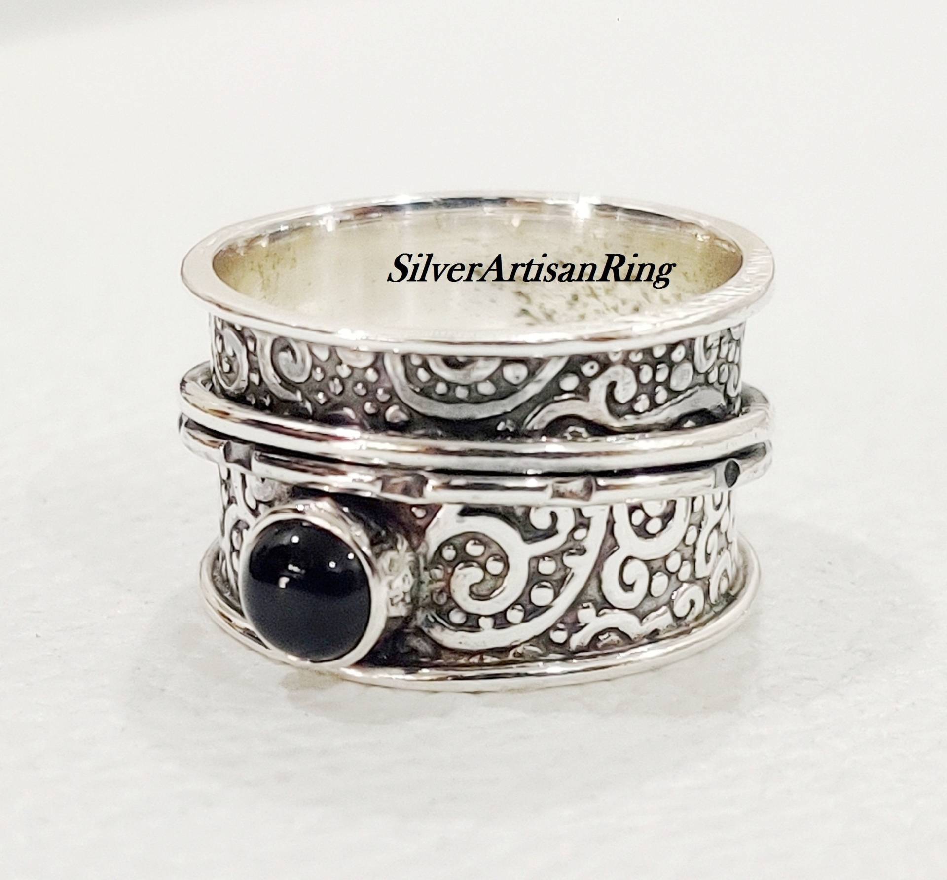 Black Onyx Ring Spinner Gemstone 925 Sterling Silver Handmade Ringdesigner Meditation Worry Ring von SilverArtisanRing