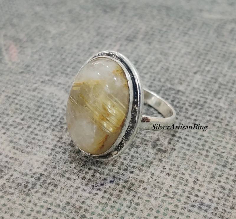 Golden Rutile Ring | Boho Statement 925 Sterling Silver Hand Crafted Bohemian Colour Stone Gift Item von SilverArtisanRing