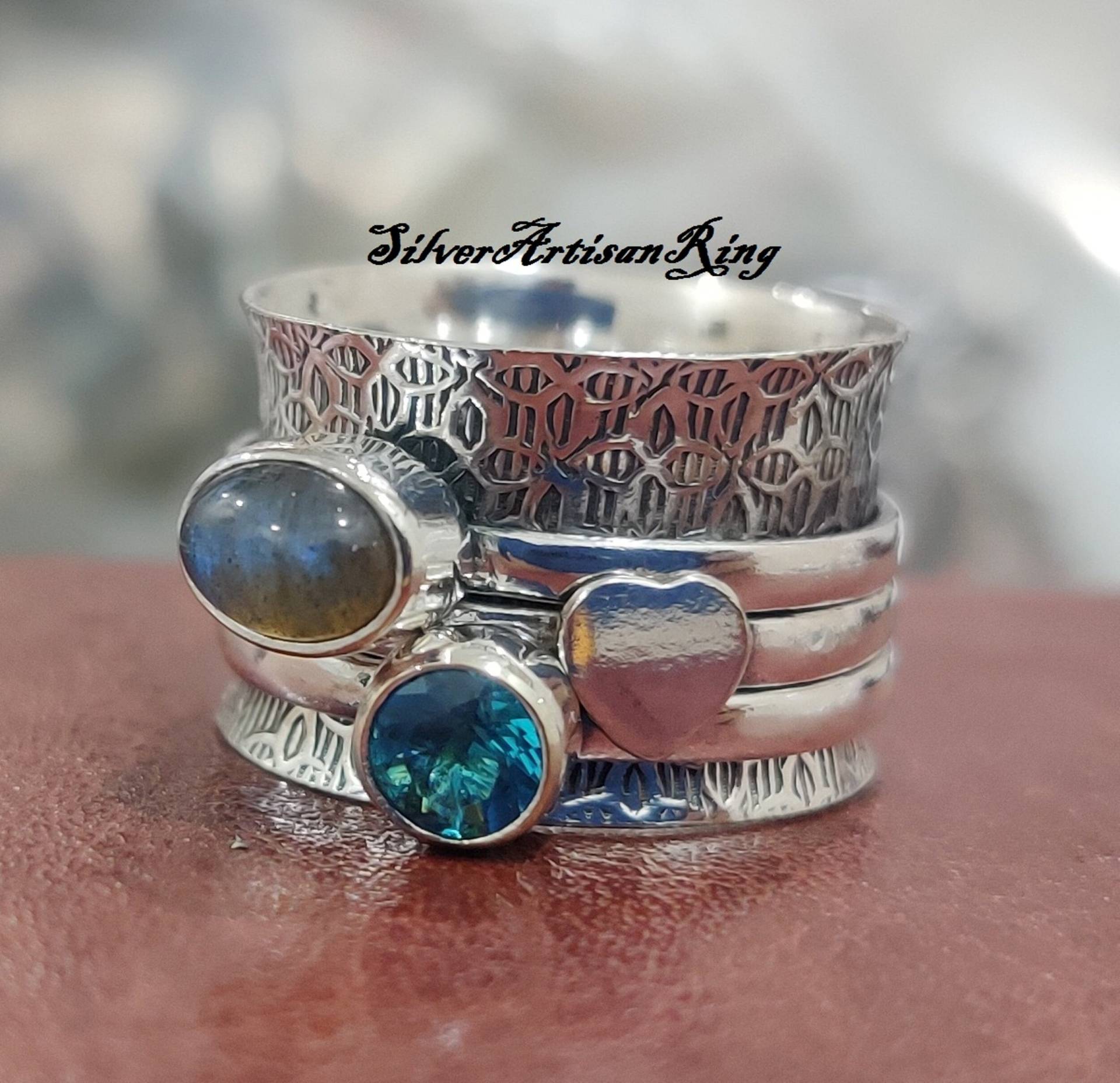 Labradorite Ring, Spinner 925 Silver Wedding Birthstone Ring, Gemstone Meditation Blue Topaz Ring Handmade von SilverArtisanRing