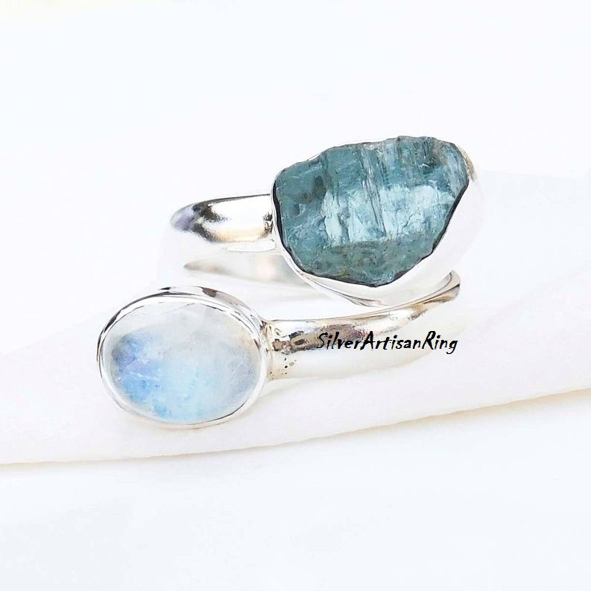 Natural Aquamarine Ring// 925 Sterling Silver Ring//Handmade Ring//Moonstone Ring//Gemstone Raw Stone Ring//Adjustable Ring von SilverArtisanRing