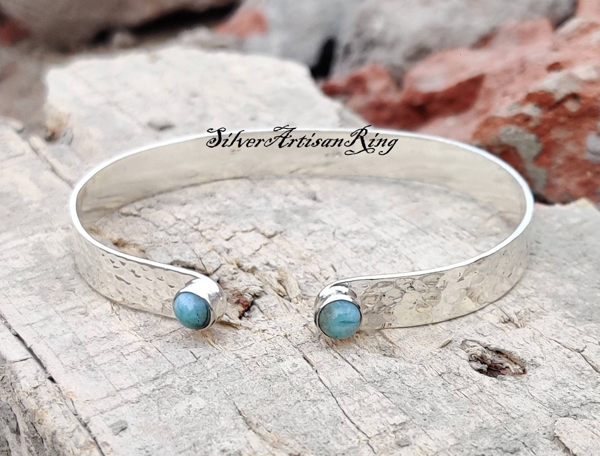 Natural Larimar Bangle 925 Sterling Silver Adjustable Jewelry Larimar Gemstone Beautiful Bangle++ Natural Larimar Bangle 925 Sterling Silver Adjustable Jewelry Larimar Gemstone Beautiful Bangle++ von SilverArtisanRing