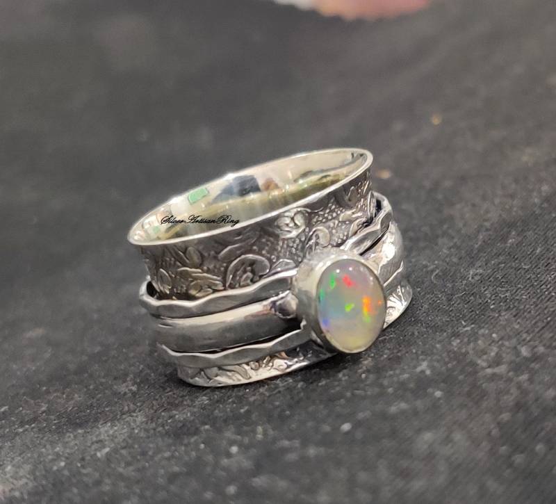 Natural Opal Ring , Spinner 925 Sterling Silver Gemstone Boho Lovely Fidget White Oapl Stone Romh von SilverArtisanRing