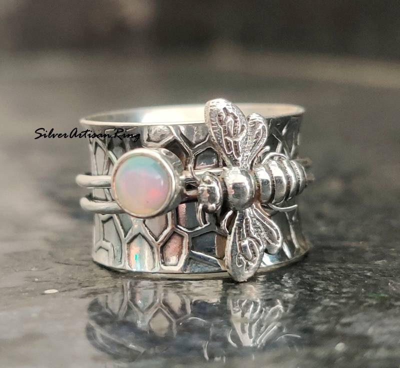 Opal Bee Ring Spinner Ring 925 Silver Handmade Meditation Designer Unique Bee Jewelry Gorgeous von SilverArtisanRing