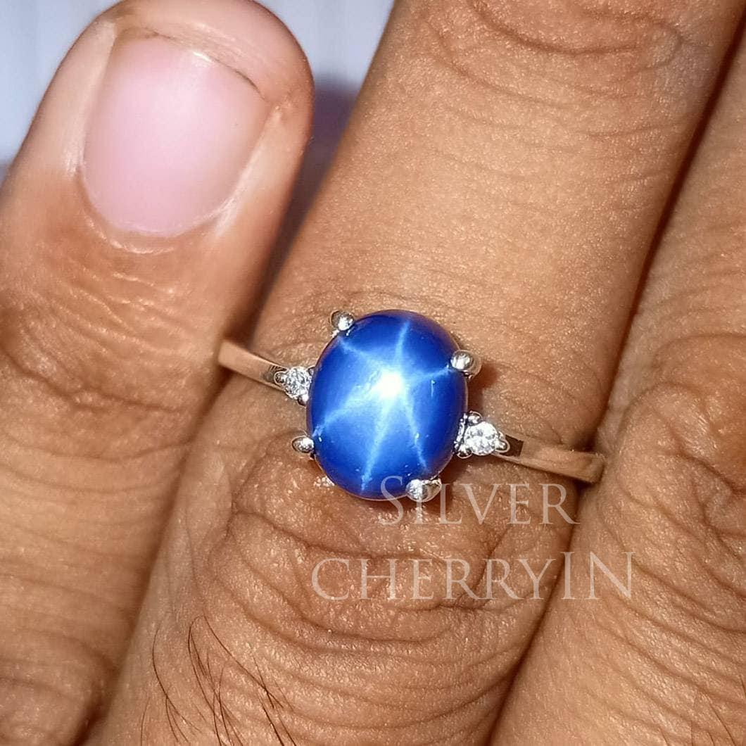 Blauer Lindy Stern Saphir Ring, Geburtsstein 925 Silber, Lab Sapphire Verlobungsring, Ehering, Geschenk Für Sich Selbst, Statement Ring von SilverCherryIN