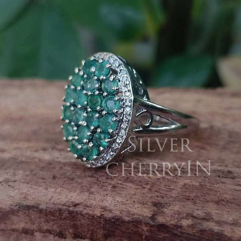 Natürlicher Smaragdring, Diamantring, Rundschliffsteinring, 925 Sterlingsilberring, Handgemachter Schmuck, Statementring, Ringe Für Frauen von SilverCherryIN