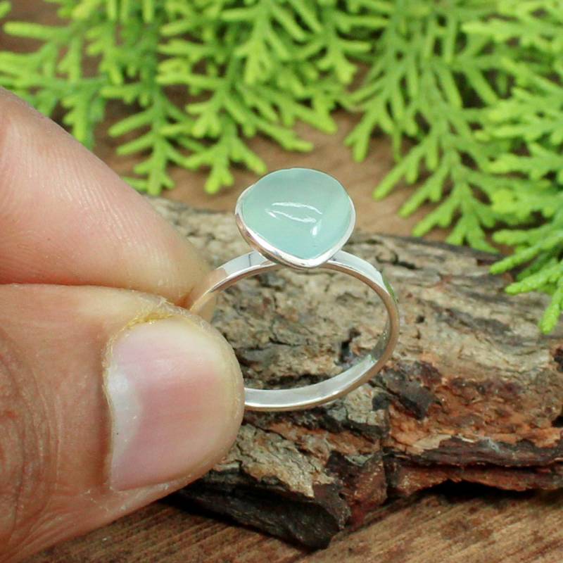 Aqua Chalcedon Herz-Ring Handgefertigtes 925Er Silber Cabochon von SilverDesignerRings