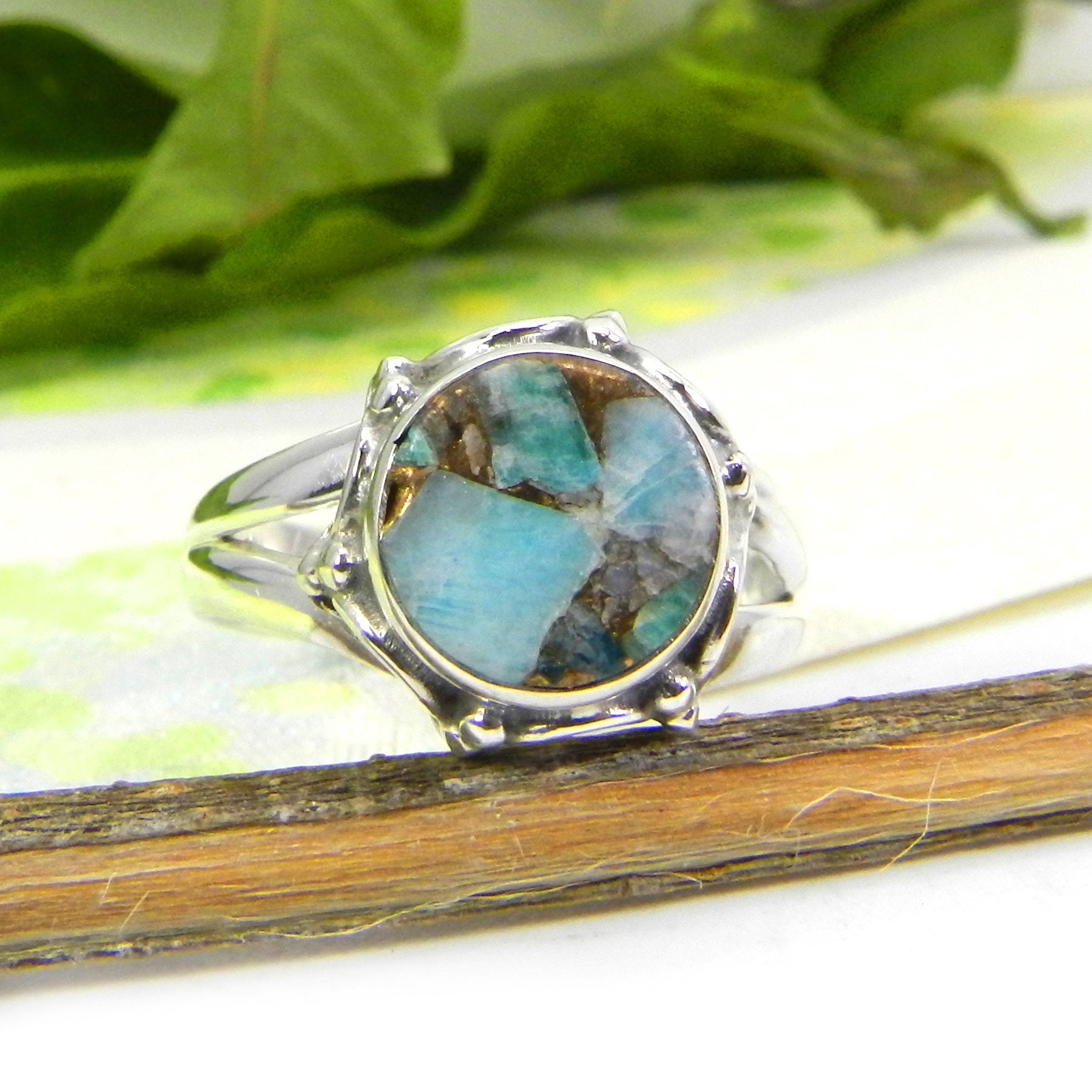 Auster Kupfer Türkis Ring Runder Mohave Grün, Sterling Silber Boho Ring von SilverDesignerRings