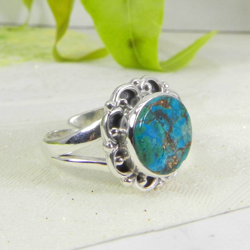 Blau Kupfer Türkis Runde Edelstein 925 Sterling Silber Handmade Boho Designer Ring Hochzeit Geschenk Schmuck von SilverDesignerRings
