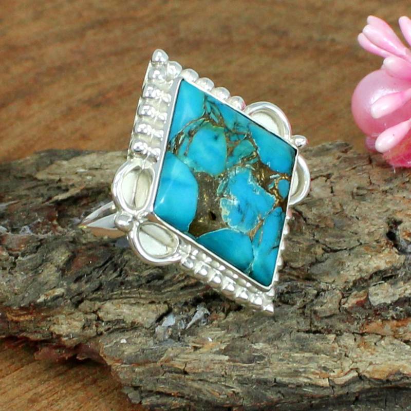 Drachen Blau Türkis Kupfer Ring, Bezel Set Sterling Silber von SilverDesignerRings