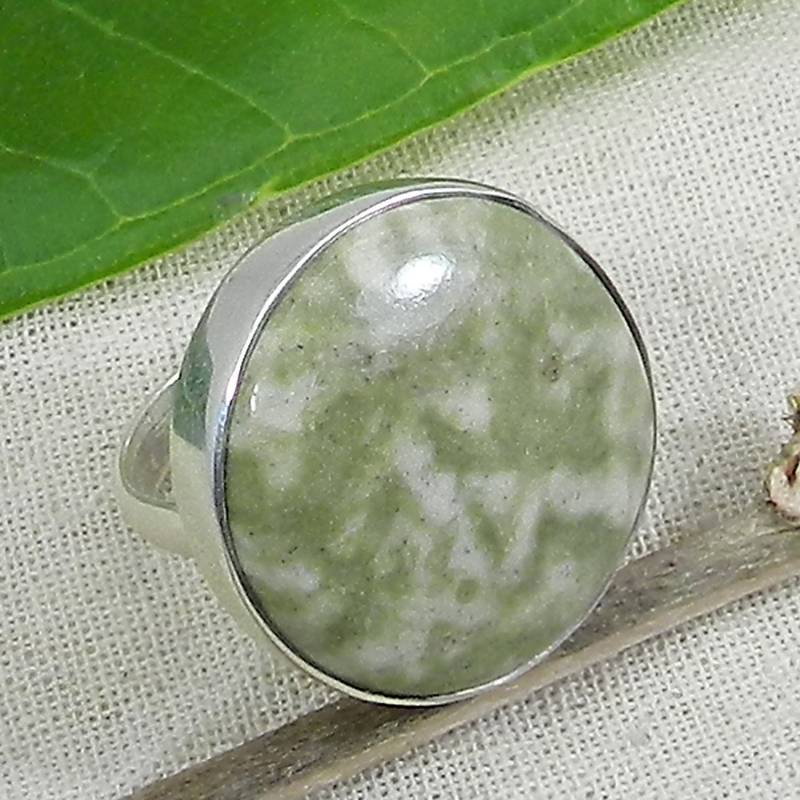 Frosch Haut Jaspis Ring Runder Grüner Stein, Sterling Silber Lünette von SilverDesignerRings