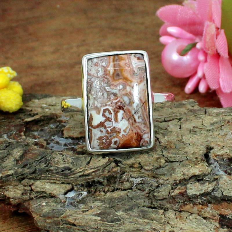 Handgemachter Crazy Lace Achat Ring 925 Sterling Silber, Rechteckig von SilverDesignerRings