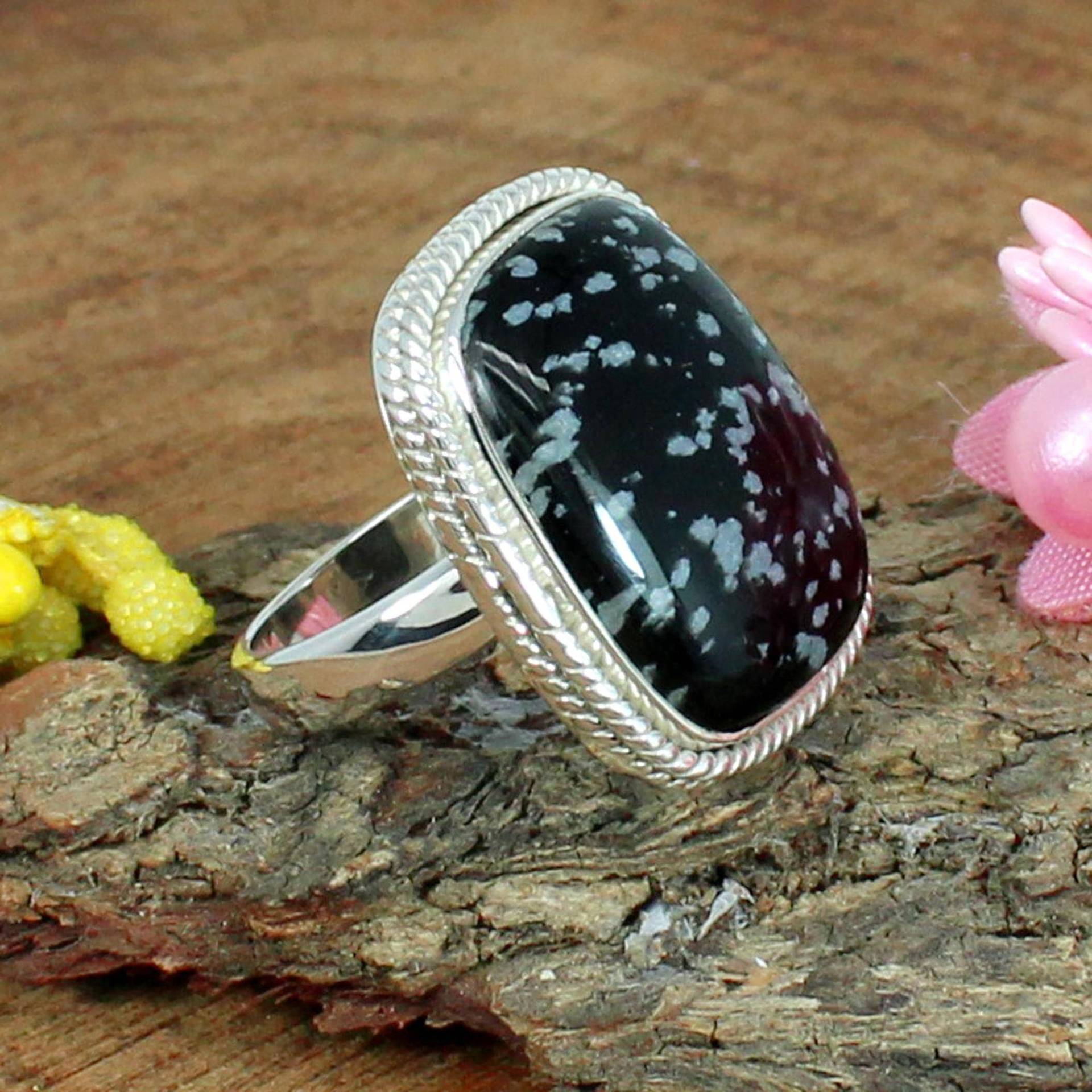 Handgemachter Schneeflocken Obsidian Ring Sterling Silber Edelstein Schmuck von SilverDesignerRings