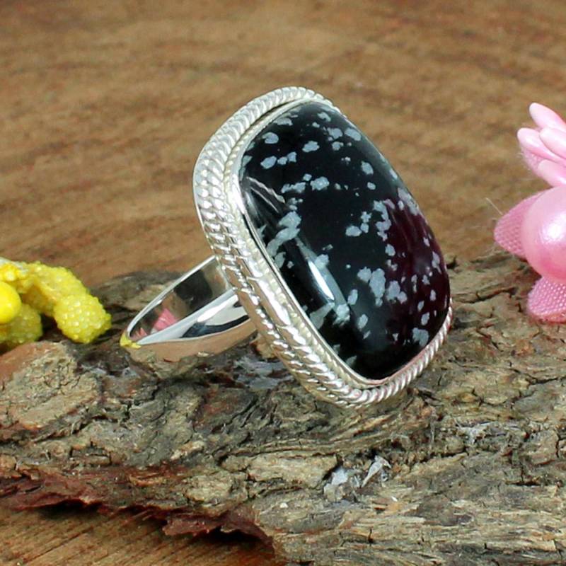 Handgemachter Schneeflocken Obsidian Ring Sterling Silber Edelstein Schmuck von SilverDesignerRings