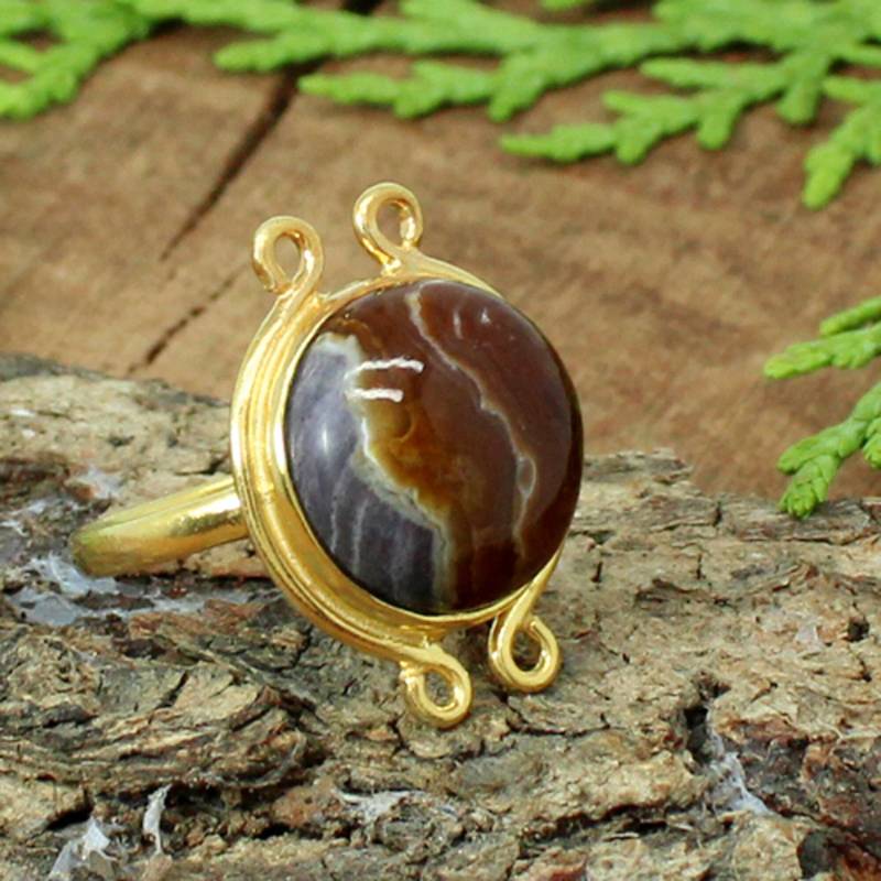 Honig Opal Ring, Handgemachter Sterling Silber Vergoldetes Silber, Loop Runder Statement Zierliche Geschenke von SilverDesignerRings