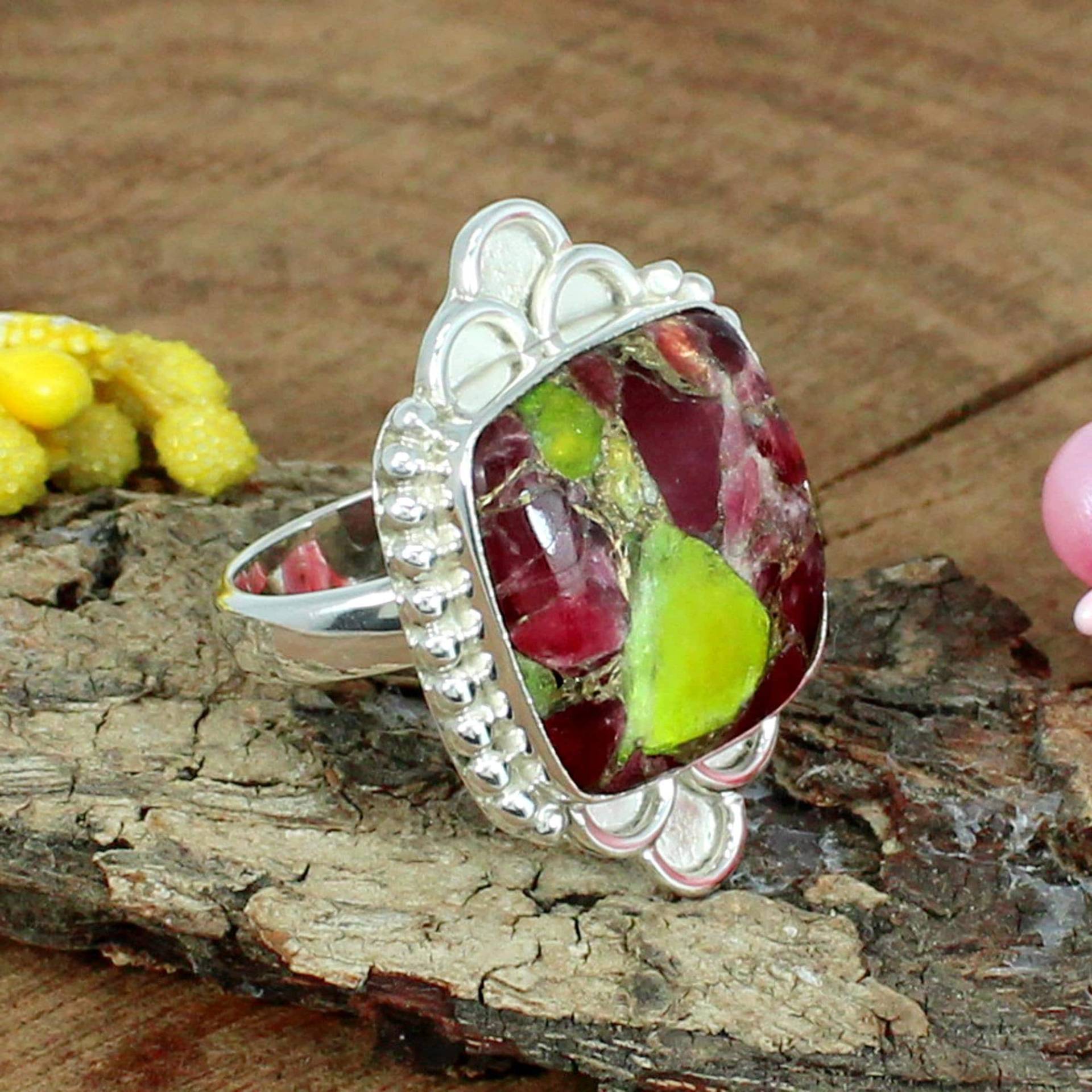 Kissen Mohave Kupfer Gaspeite Ring, Handgemachter Sterling Silber Rosa & Grün Stein, Jahrestag Geschenke Für Sie, Mom von SilverDesignerRings