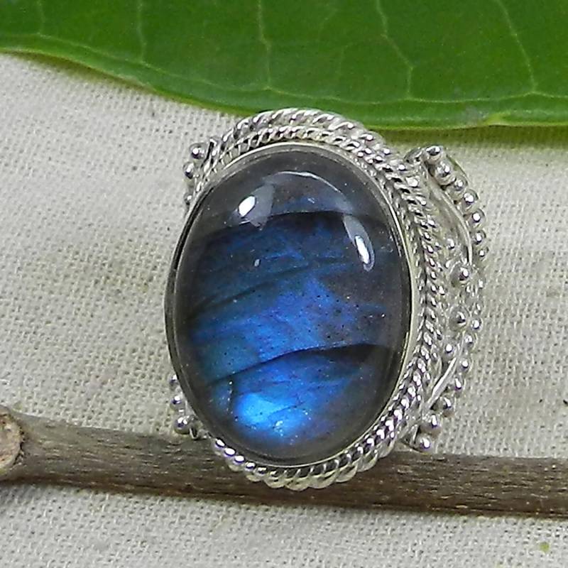 Labradorit Ring Sterling Silber Breitband, Blauer Blitz Edelstein von SilverDesignerRings