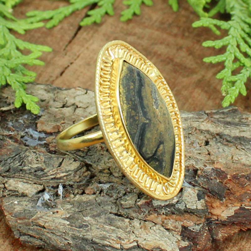 Marquise-Wüstenjaspis-Ring Handgemachtes Vergoldetes Sterlingsilber von SilverDesignerRings