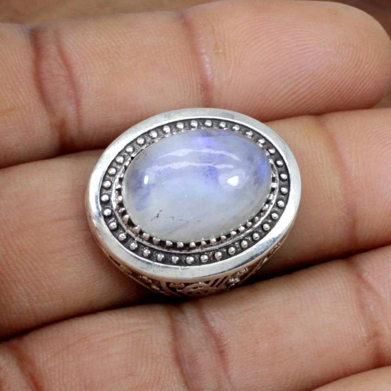 Mondstein Ring, Groß Silber, Schmuck, Blue Fire Regenbogen Edelstein, Handgemachtes Massivem Statement, Weihnachtsgeschenk von SilverDesignerRings