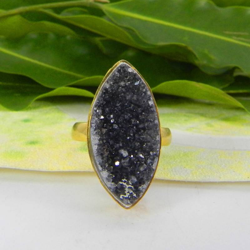 Schwarz Druzy Edelstein Lünette Set Designer Handmade Silber Ring von SilverDesignerRings