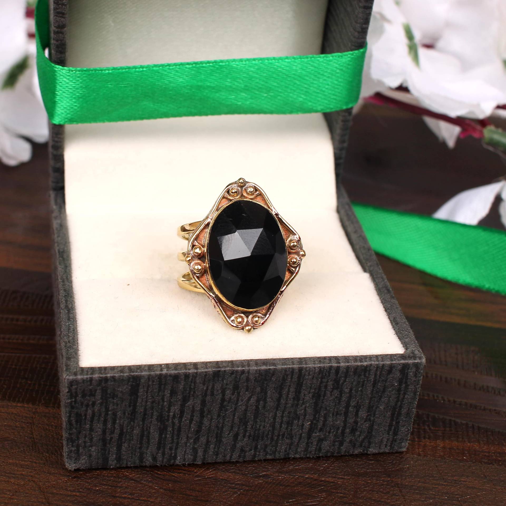 Schwarzer Onyx Edelstein Designer Boho Ring, Langfinger Dreifach Band Ring Für Frauen, Gold Ehering, 925 Silber Pinched von SilverDesignerRings