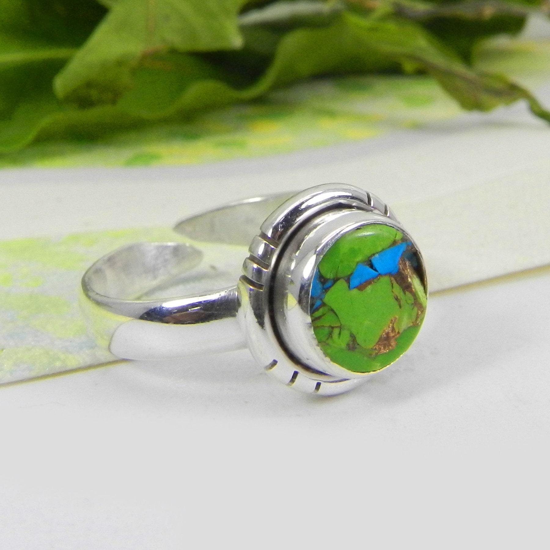 Solide 925 Sterling Silber Grün Kupfer Türkis Runde Edelstein Adjsutable Ring Geschenk Für Sie von SilverDesignerRings