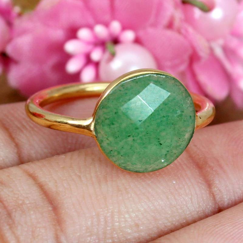 Vergoldeter Sterling Silber Grüner Aventurin Ring Handgemachter Edelstein Schmuck von SilverDesignerRings