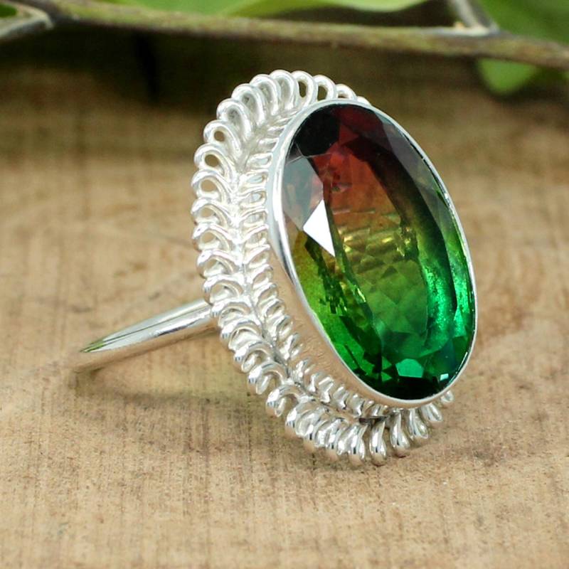 Wassermelonen-Turmalinquarz Ring Ovaler Sterling Silber Boho Ring von SilverDesignerRings
