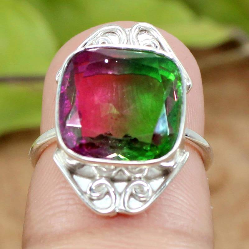 Wassermelonenturmalin Ring Bi-Color Quarz, 925 Sterling Silber von SilverDesignerRings