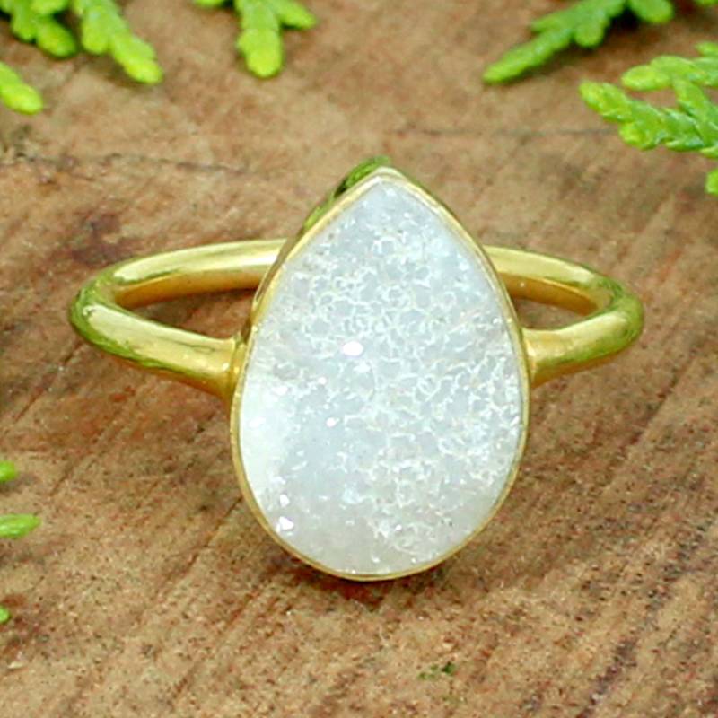 Weißer Druzy Edelstein Massiv 925 Sterling Silber Vergoldet Handgemachte Designer Stapel Ring Schmuck von SilverDesignerRings