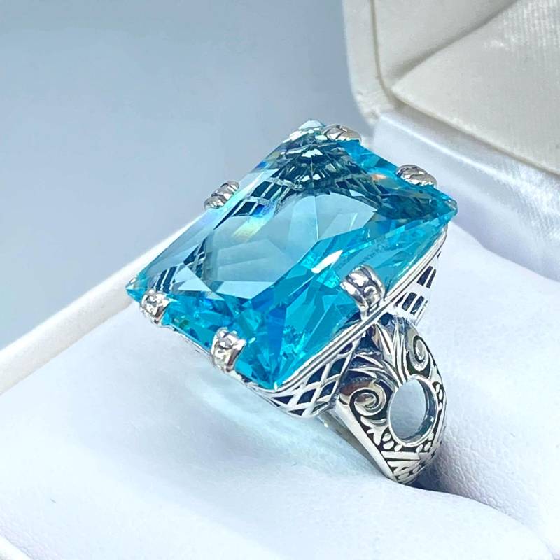 Aquamarin Ring | 925Er Silber Großer Blauer 30 Karat Rechteckiger Simulierter Aquamarinring Im Art-Deco-stil Der 1930Er Jahre [Spezialanfertigung] von SilverEmbraceJewelry