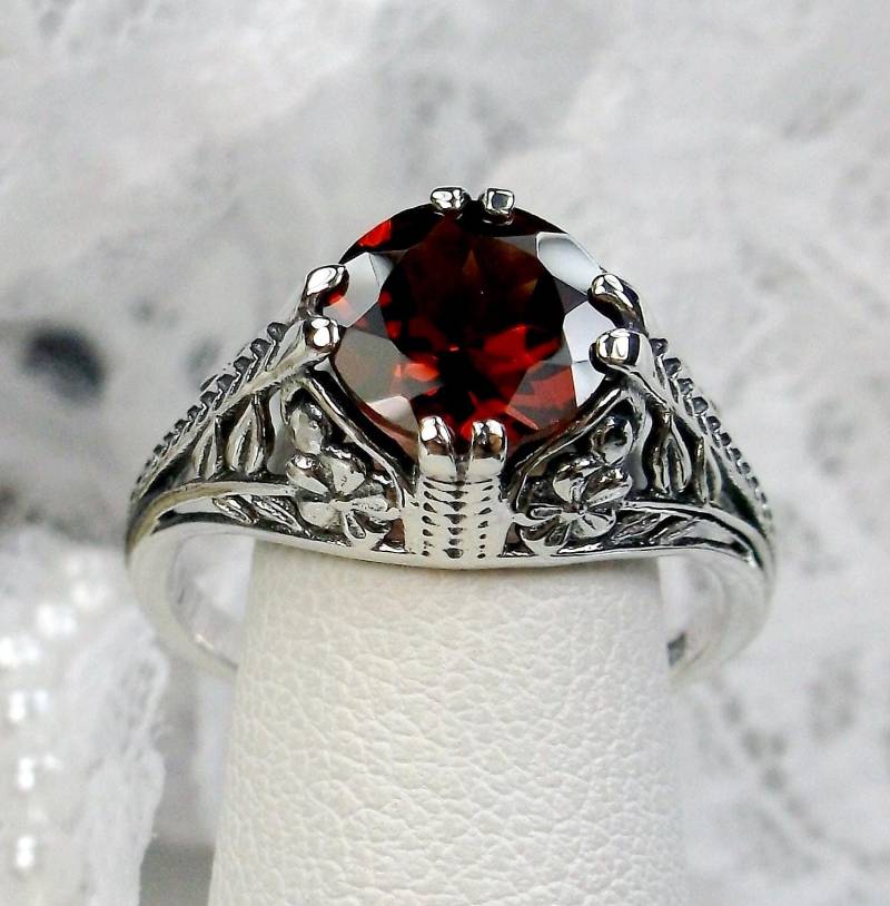 Roter Granat Ring 925 Sterling Silber | 2Ct Cz Oder Natürlicher Edwardian Deco 2Fleur Floral Filigree [Made To Order] Design # 159 von SilverEmbraceJewelry