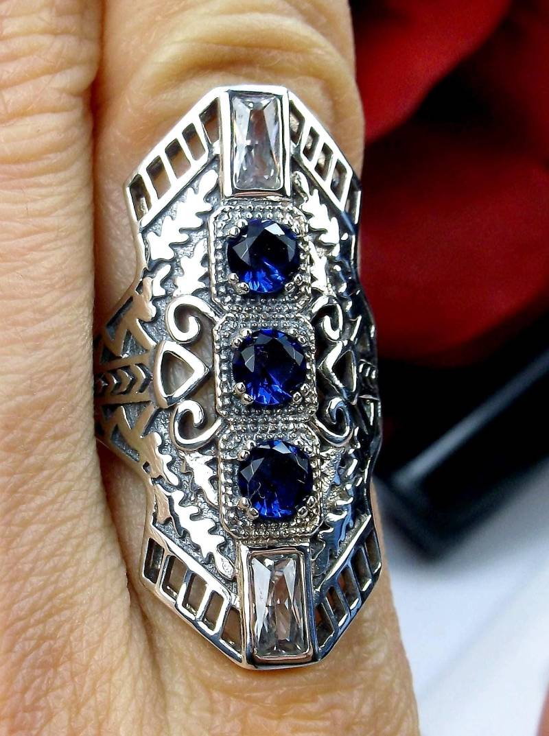 Saphir Ring 925 Sterling Silber Simulierter & Weißer Cz Edelstein Langer Art Deco 1930S Filigranring [Spezialanfertigung] Design #214 von SilverEmbraceJewelry