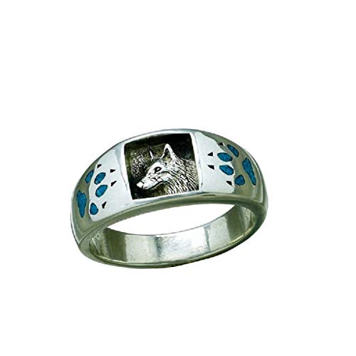 Indianerschmuck 3D Wolfsring mit seitlichen Chip Inlay Türkis Wolfstatzen Navajo Style Westernschmuck Wolf Indianerring Ring Silver Fox (16,5mm) von SILVERFOX